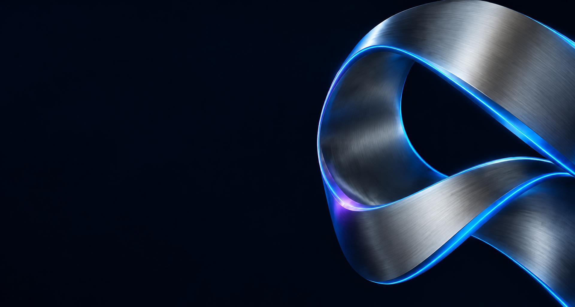 Sculptural titanium ribbon with electric-blue edges